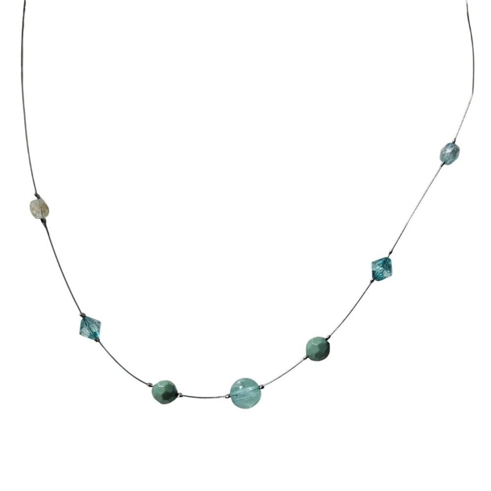 Minimalist Beaded Silver Wire Necklace Green Blue Glass Beads Fashion Jewelry